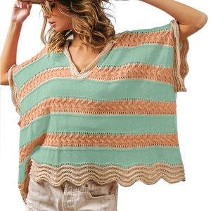 59. Women’s Mint/Natural Stripe Dolman Crochet Oversized Hoodie Sweater NWT